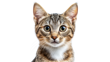 Playful tabby cat with big curious eyes closeup