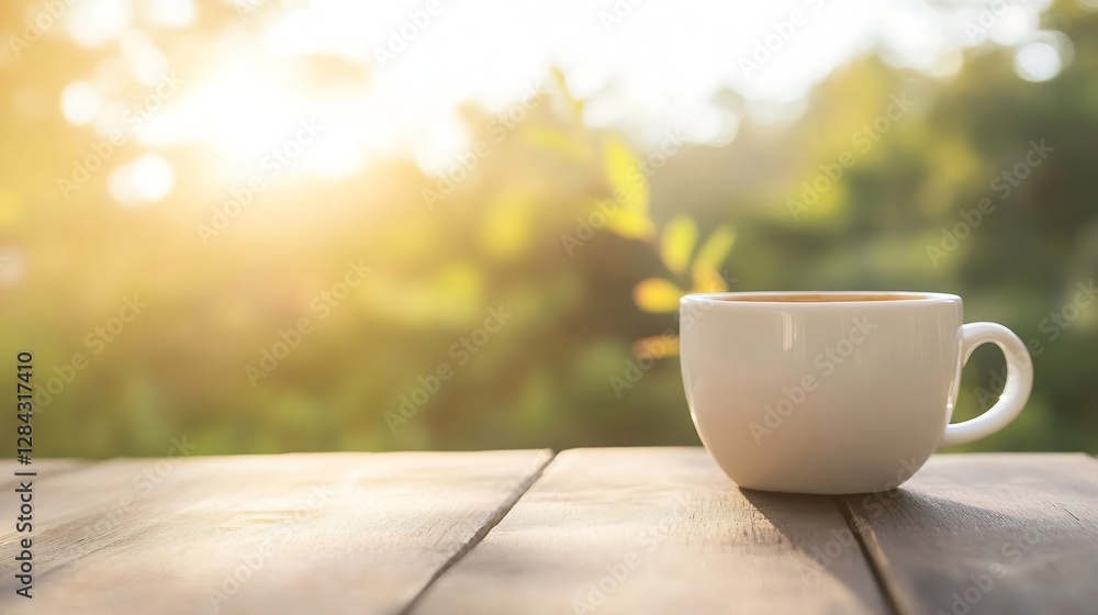 Poster a steaming cup of coffee placed on a wooden table with sunlight filtering through a peaceful garden 