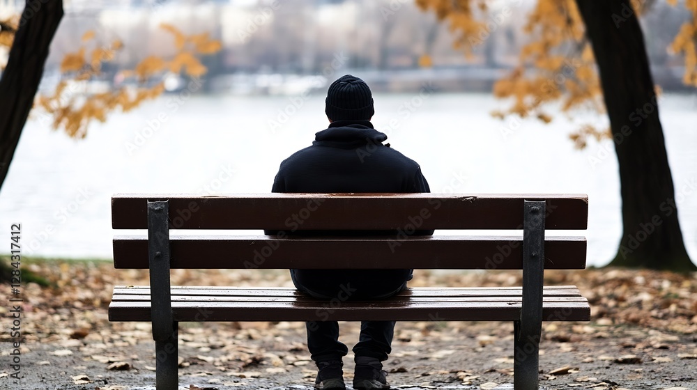 Poster isolated silhouette of a man sitting on a park bench by a calm lake : generative ai