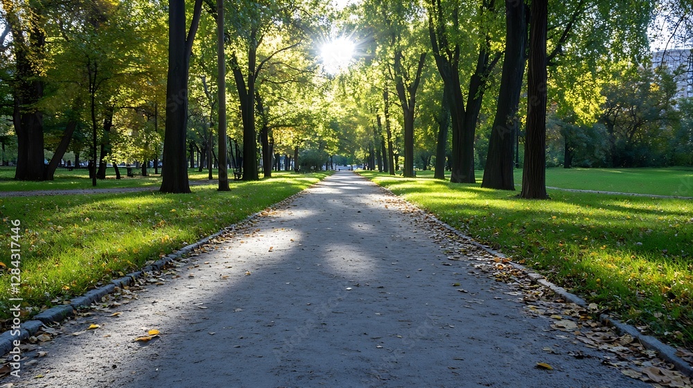 Aufkleber Scenic pathway in a lush park with sun rays filtering through trees creating a serene and peaceful atmosphere : Generative AI
