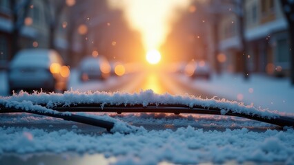 Fototapeta premium Snow-covered windshield wipers, Close-up of snow-covered windshield wipers on a parked car at sunrise front view serene mood 8K UHD.