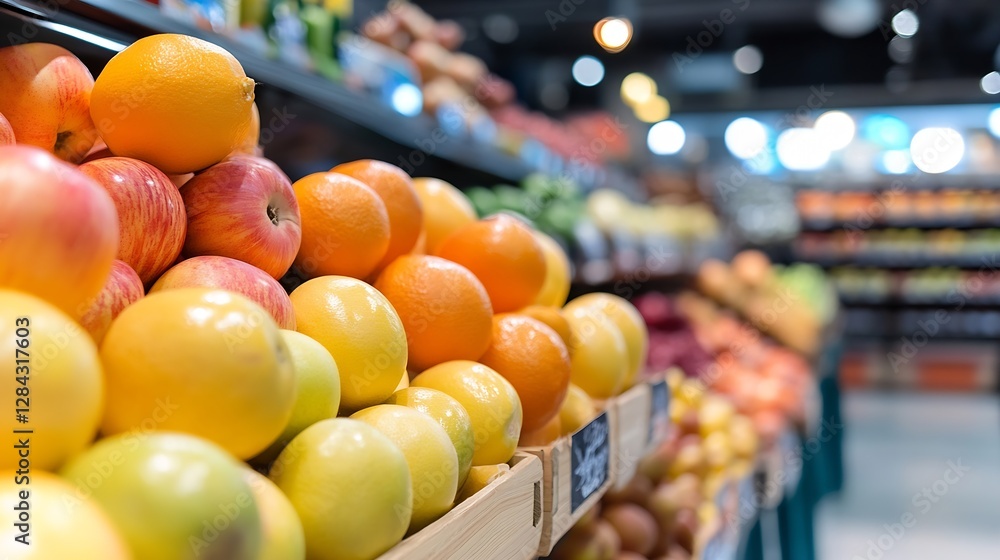 Poster colorful display of fresh and ripe fruits arranged neatly in a supermarket attracting shoppers to en