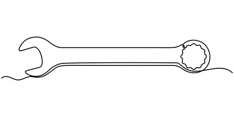 Adjustable wrench continuous single line drawing vector illustration, Continuous line drawing of wrench. Single line drawing of a wrench. Line art wrench. Vector illustration, Wrench Editable Stroke.