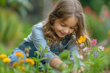 A joyful young girl exploring a vibrant flower garden, showcasing her curiosity and love for nature.