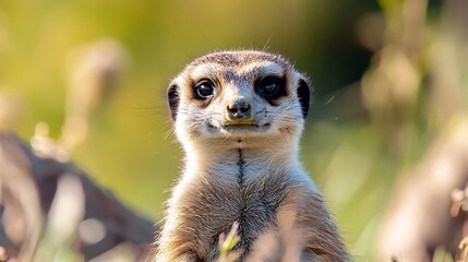 Fototapeta premium Closeup portrait of an adorable meerkat standing upright in its natural habitat : Generative AI