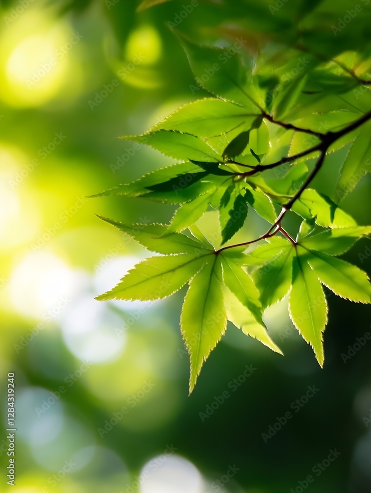 Poster Close up of lush green maple leaves illuminated by soft natural light creating a magical bokeh effect : Generative AI