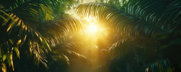 Sunlight filtering through lush tropical jungle canopy at sunrise
