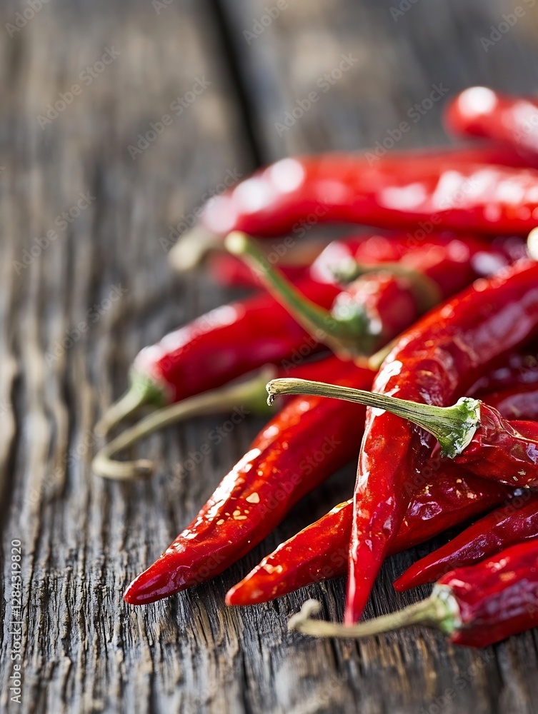 Aufkleber vibrant red chili peppers piled on a rustic wooden surface for culinary use and cooking : generative