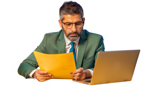 Portrait of Serious Businessman Reviewing Documents isolated on a transparent background.