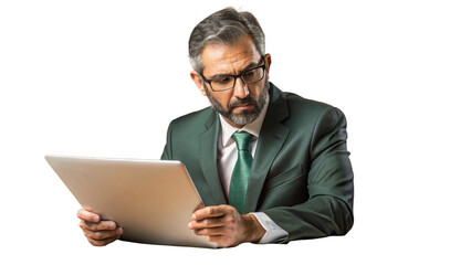 Portrait of Serious Businessman Reviewing Documents isolated on a transparent background.