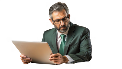 Portrait of Serious Businessman Reviewing Documents isolated on a transparent background.