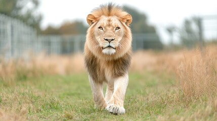 Obraz premium Majestic lion walking towards camera in enclosure