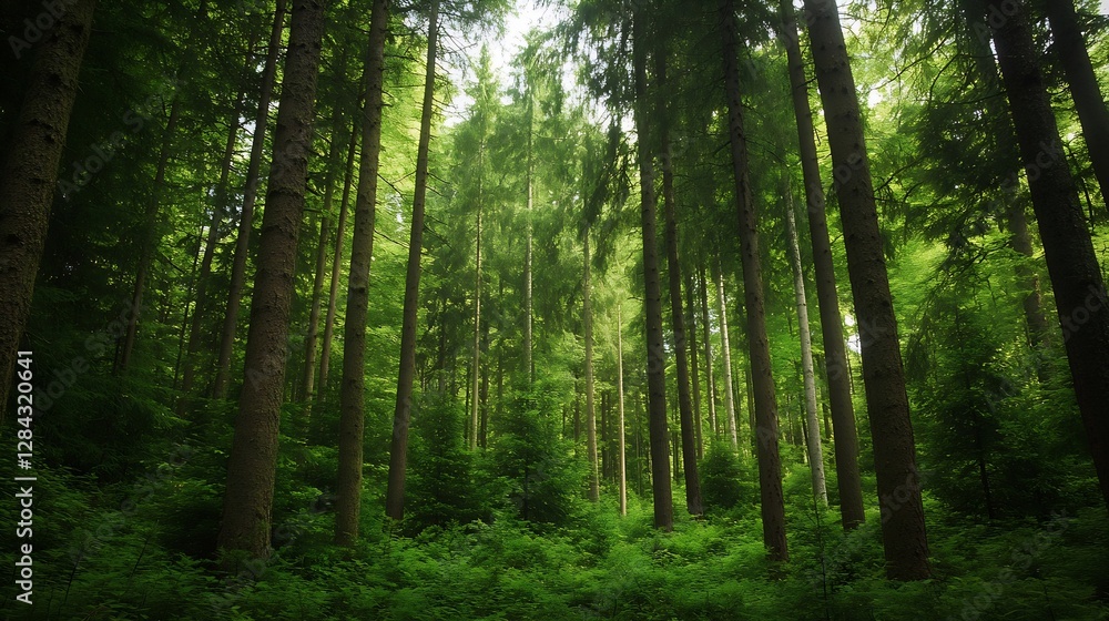 Poster lush green forest surrounded by tall trees and abundant foliage in the heart of nature : generative 
