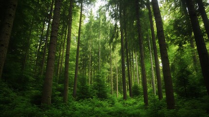 Obraz premium Lush Green Forest Surrounded by Tall Trees and Abundant Foliage in the Heart of Nature : Generative AI