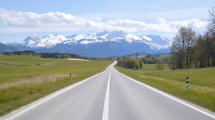 Fototapeta premium Winding road leading through green fields and mountains under clear blue sky providing scenic journey : Generative AI
