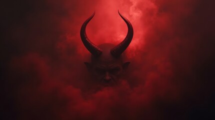Obraz premium Devil horns emerging from darkness, glowing in red, surrounded by smoky atmosphere, symbolizing danger and chaos.