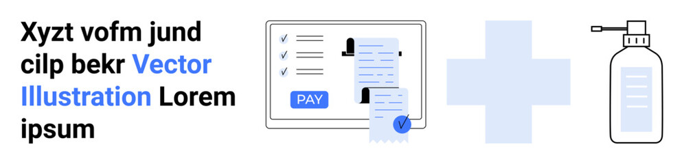 Fototapeta premium Payment screen with checklist and pay button, medical cross, and sanitizer bottle. Ideal for healthcare, billing, payment systems, hygiene education, online services, medical apps abstract line flat