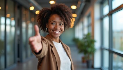 Head shot portrait smiling African American businesswoman offering handshake, standing with extended hand in modern office, friendly hr manager or team leader greeting or welcoming new worker