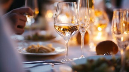 Moderate drinking at an elegant private dinner party with a gourmet meal. Featuring exclusivity and fine dining