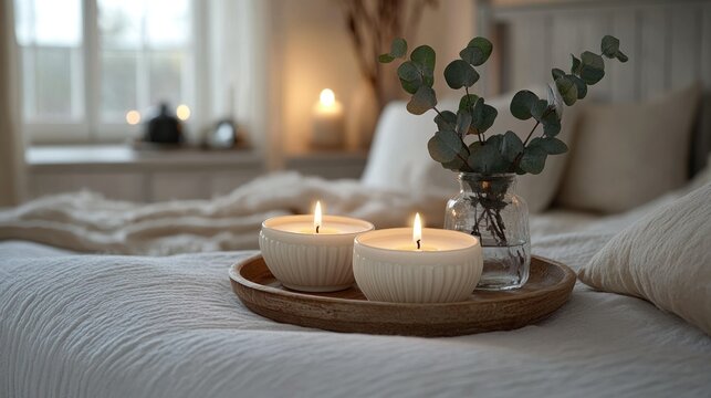 Cozy bedroom candles on tray, peaceful morning light, soft furnishings