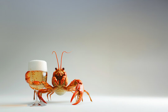 Funny cartoon crawfish holding a beer glass with foam, celebrating a festive moment, bar promotions, pub branding, restaurant menu, craft beer, Oktoberfest poster, national crawfish day