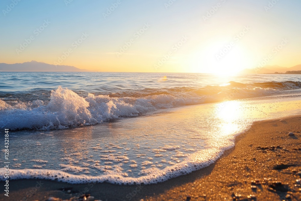 Poster serene sunset over gentle waves on a sandy beach with shimmering reflections at dusk. generative ai