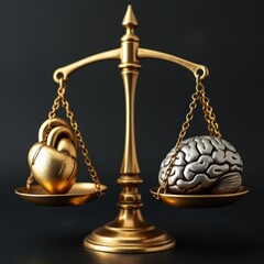 Golden scales balancing a heart and brain, representing the moral conflict between emotion and logic, elegant and symbolic.
