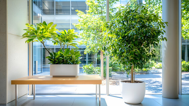 Green potted plants and a small tree decorate a bright, modern office lobby next to large windows on a sunny day.