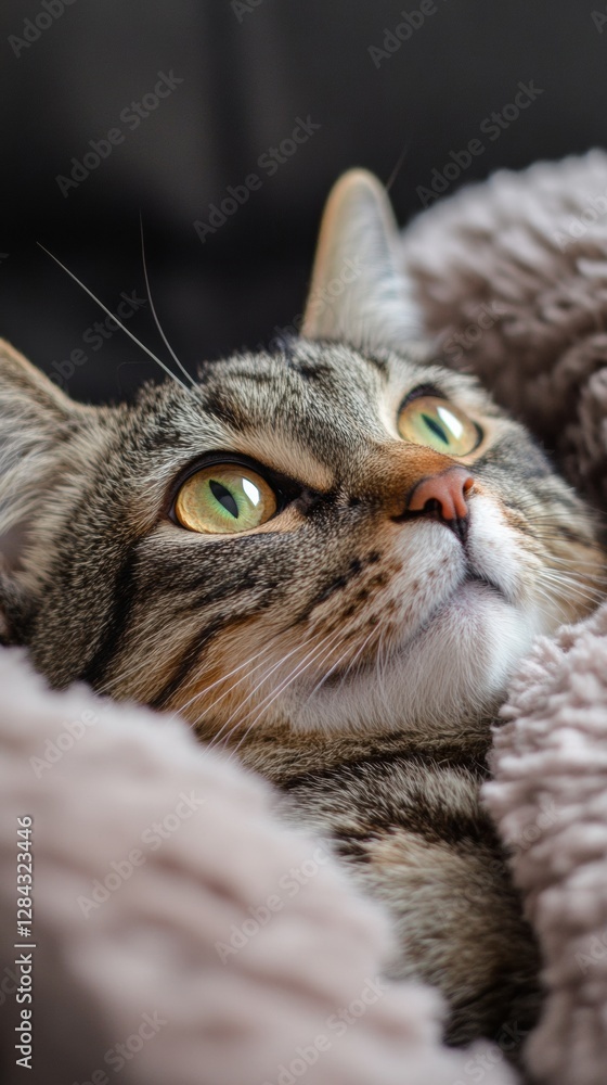 Poster curious cat nestled in soft blanket enjoying a cozy moment indoors. generative ai