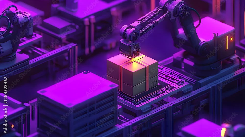 Poster isometric automated robot arms. smart automated robotic arms holding box in a warehouse. modern logi