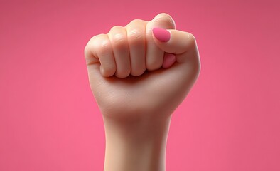 Close-Up of a Closed Fist with Light Pink Manicure Against a Vibrant Pink Background, Symbolizing Strength