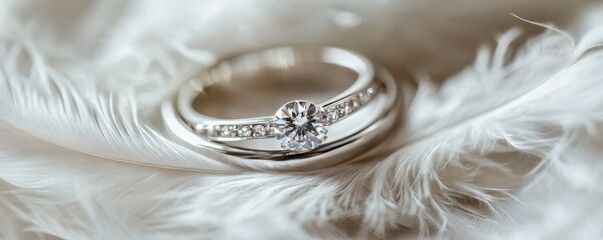 Elegant diamond engagement ring on soft white feather background