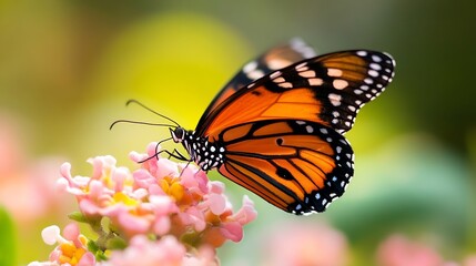 Fototapeta premium Beautiful vibrant monarch butterfly perched on colorful flowers capturing the essence of nature : Generative AI
