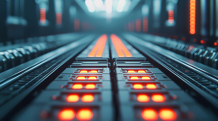 A futuristic conveyor system with glowing red lights, creating a high-tech atmosphere in an industrial setting.