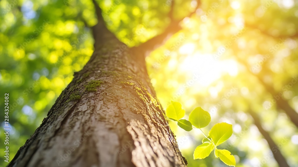 Aufkleber majestic tree trunk captured from below with sunlight filtering through leaves in lush forest : gene