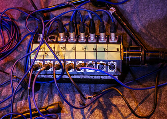 Concert equipment with connection cables to connect the equalizer, amplifier, speakers and other musical instruments