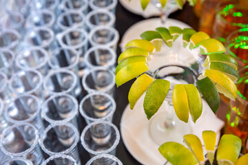 Buffet table with lime on a plate and shot glasses with salt. Serving on a holiday at an event