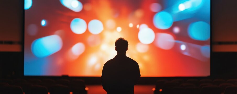 Silhouette of man watching colorful lights on giant screen in dark theater