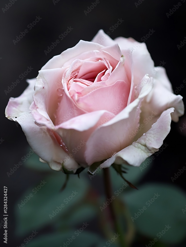 Poster a closeup view of a beautiful pink rose capturing delicate petals with water droplets on them : gene