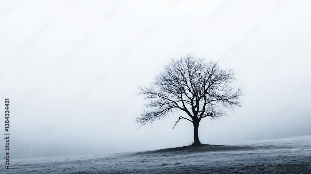 Aufkleber solitary tree standing alone in a foggy landscape with minimalistic aesthetics and soft tones creati