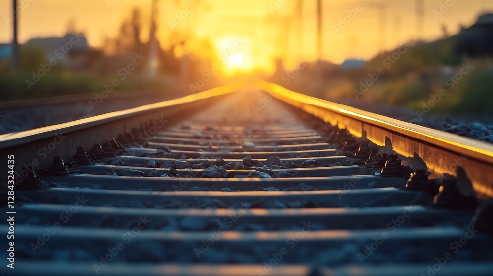 Poster glistening railway tracks extending towards a vibrant sunset on a serene evening : generative ai