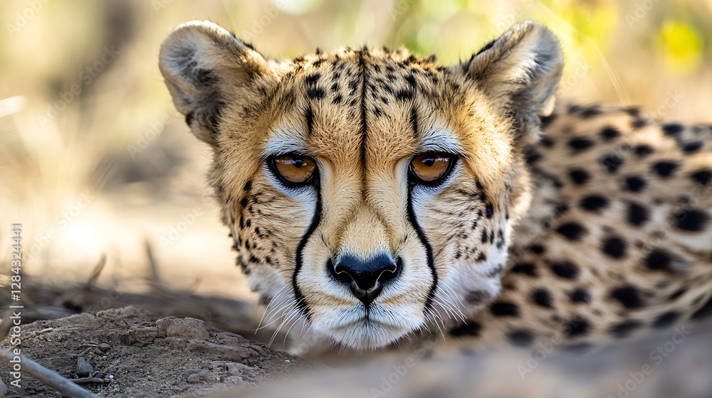 Poster Closeup portrait of a majestic cheetah resting in its natural habitat with striking features and wild expression : Generative AI