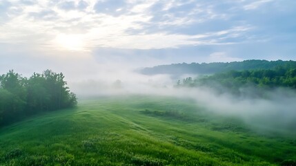 Obraz premium Breathtaking landscape view of rolling hills covered in fog during sunrise creating a serene atmosphere : Generative AI