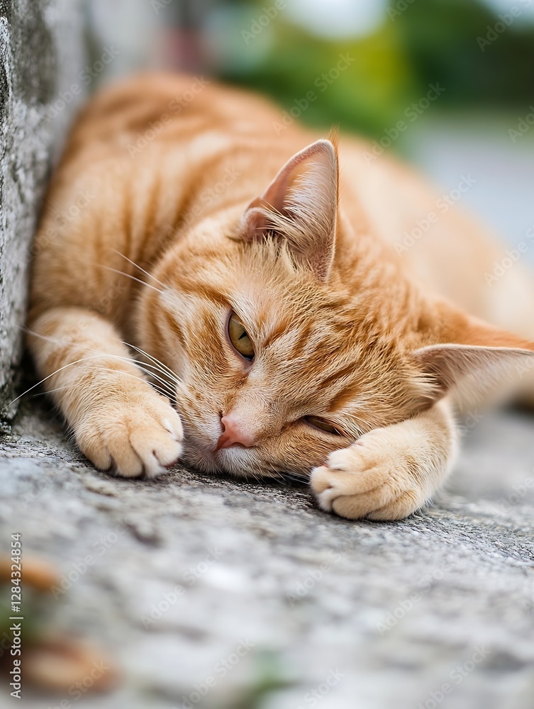 Poster Curious Orange Cat Resting Comfortably on Paved Surface with Relaxed Attitude : Generative AI