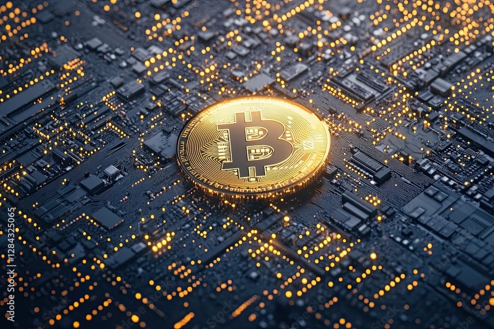 Poster gold bitcoin depicted on a computer motherboard alongside a trading graph, illustrating the concept 