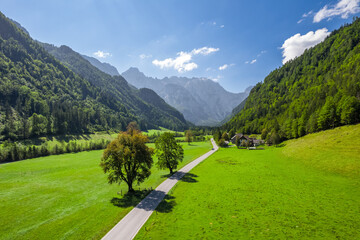 Aerial view of a rural road in alpine scenery of Logar valley, Slovenia © Mazur Travel