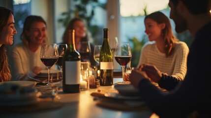 Moderate drinking at an intimate dinner party in a contemporary dining room. Featuring warmth and connection