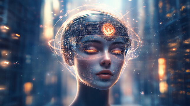 transhuman woman with alien blue skin and technological enhancements, glowing eyes and holographic data helmet