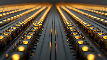 A close-up view of a series of illuminated LED lights arranged in parallel rows, creating a visually striking pattern of light and shadow.