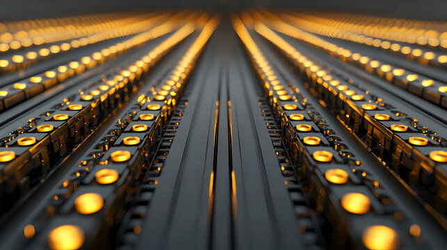 A close-up view of a series of illuminated LED lights arranged in parallel rows, creating a visually striking pattern of light and shadow.